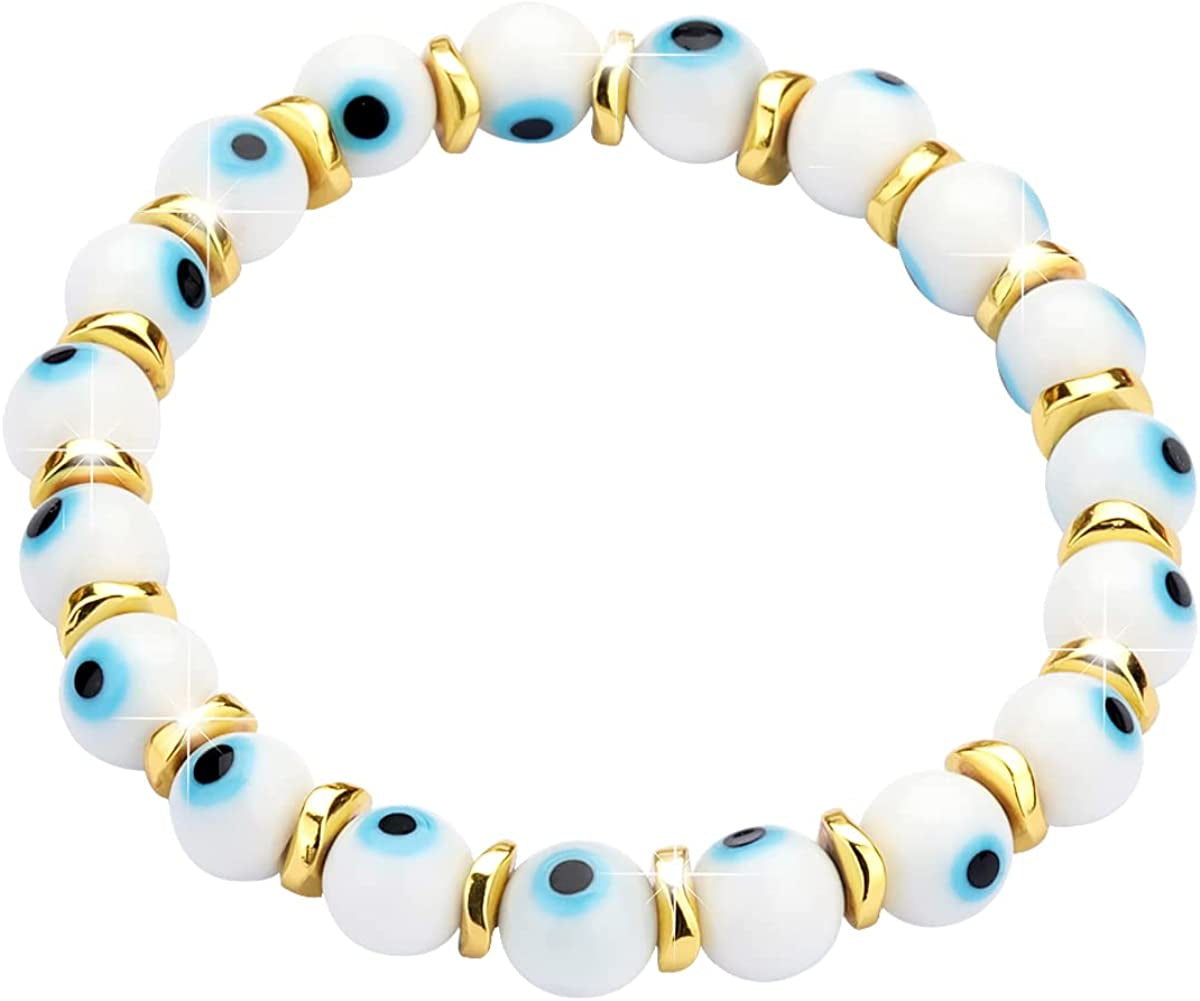 JUVJEW Evil Eye Bracelets for Women Protect 8Mm Ojo Glass Beaded Protection Stretch Braclet Jewelry Apparel & Accessories > Jewelry > Bracelets JUVJEW White-Gold  