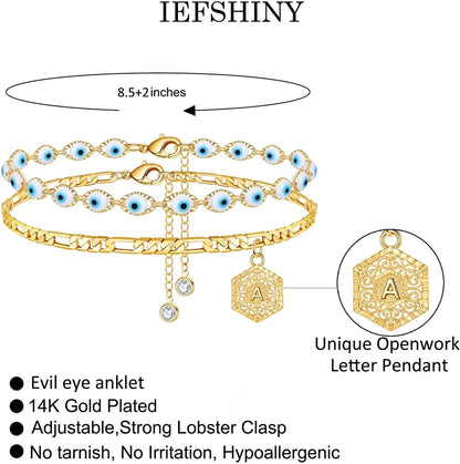 Evil Eye Ankle Bracelets for Women, 14K Gold Plated Layered Anklet Evil Eye Anklet for Women Openwork Hexagon Pendant Initial A-Z Gold Anklets for Women Girls Evil Eye Anklet Jewelry Gifts Apparel & Accessories > Jewelry > Anklets IEFSHINY   