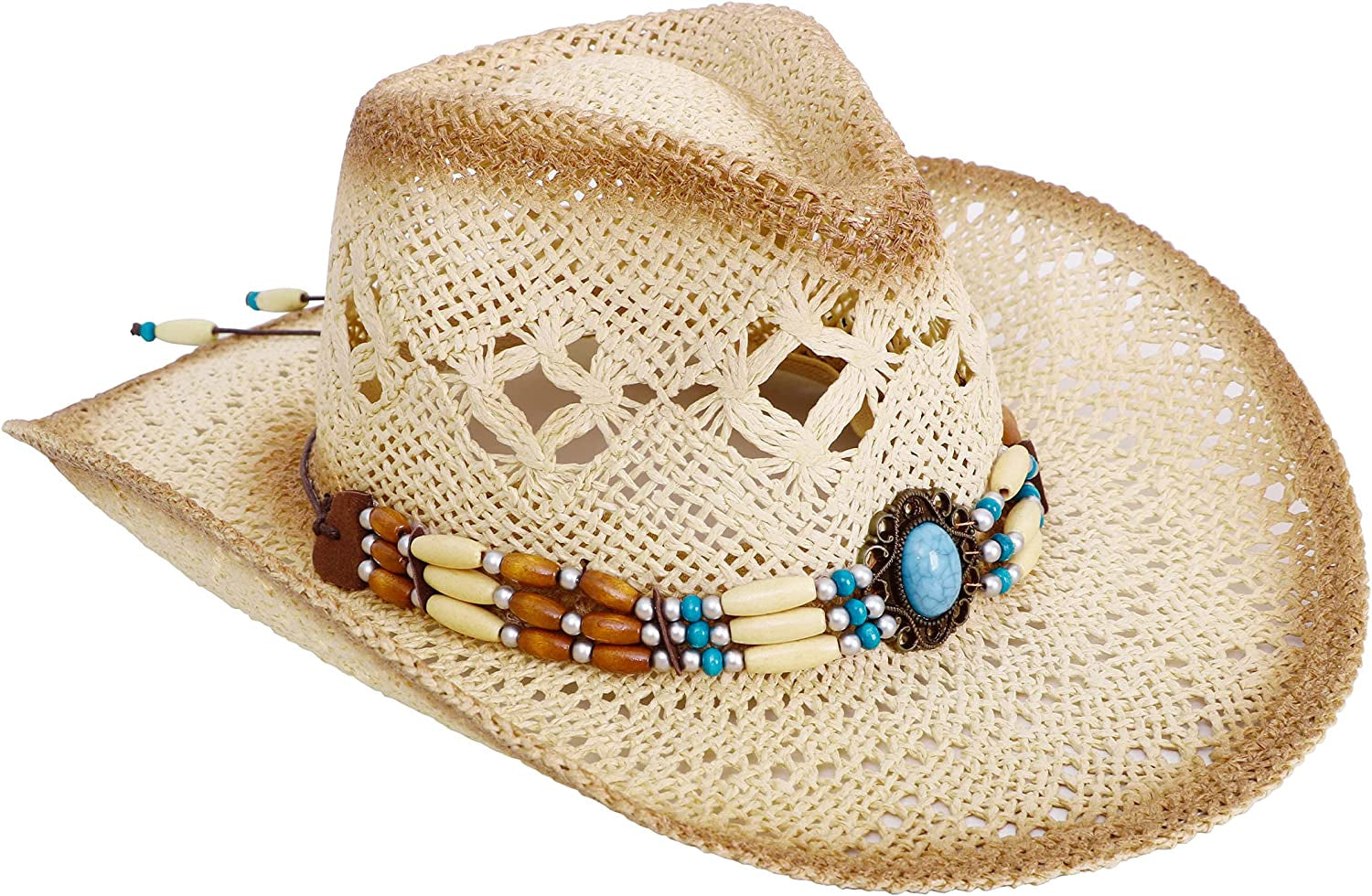 Livingston Men & Women'S Woven Straw Cowboy Hat W/Hat Band Apparel & Accessories > Clothing Accessories > Hats KYLIE MAX Nature_beige/Blue Bead  