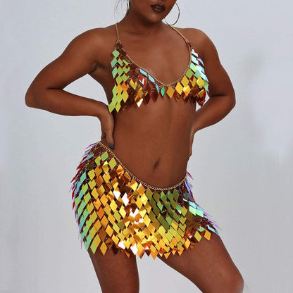 Nicute Festival Body Chain Sequins Tassel Skirt Set Sexy Summer Beach Bikini Bra Body Jewelry for Women and Girls Apparel & Accessories > Jewelry > Body Jewelry Nicute   