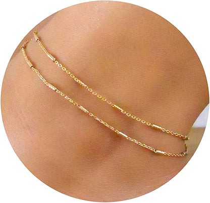 Pencros Dainty Layered Anklet,14K Gold Filled Cute Beads Satellite Chain Heart Boho Adjustable Anklets for Women Teen Girls Apparel & Accessories > Jewelry > Anklets Pencros gold layered  
