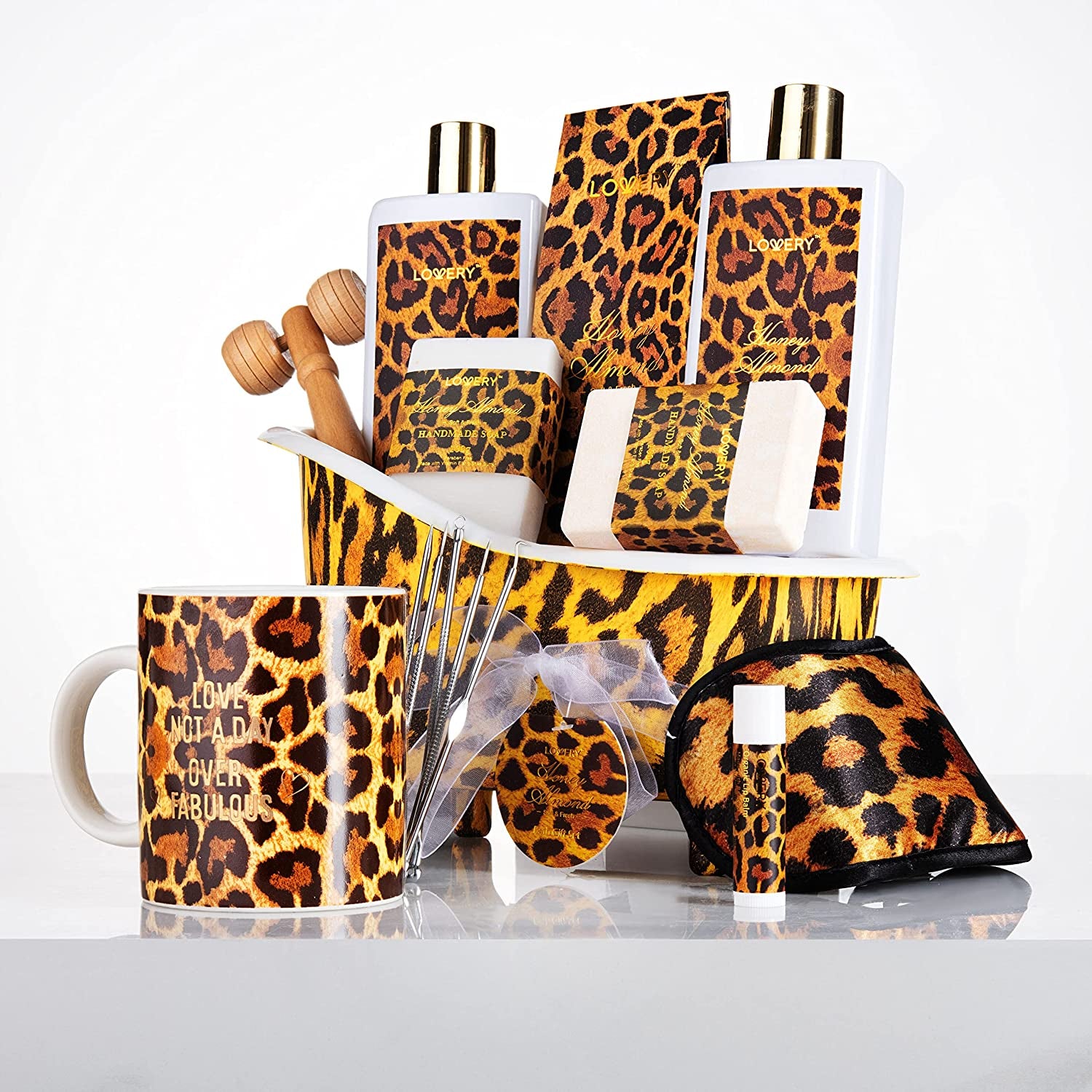 Gift Baskets for Women & Men, 18Pc Honey Almond Home Bath Pampering Package for Relaxing Stress Relief, Leopard Print Thank You, Birthday Gifts, Spa Self Care Kit, Aromatherapy Gifts Health & Beauty > Personal Care > Cosmetics > Bath & Body LOVERY   