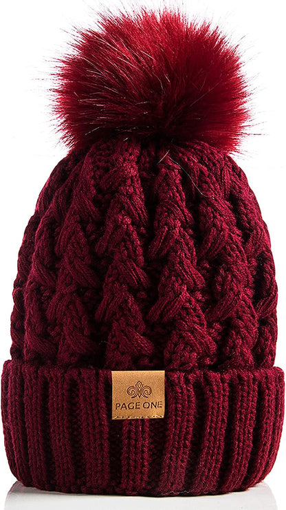 PAGE ONE Womens Winter Ribbed Beanie Crossed Cap Chunky Cable Knit Pompom Soft Warm Hat Apparel & Accessories > Clothing Accessories > Hats PAGE ONE Wine Red  