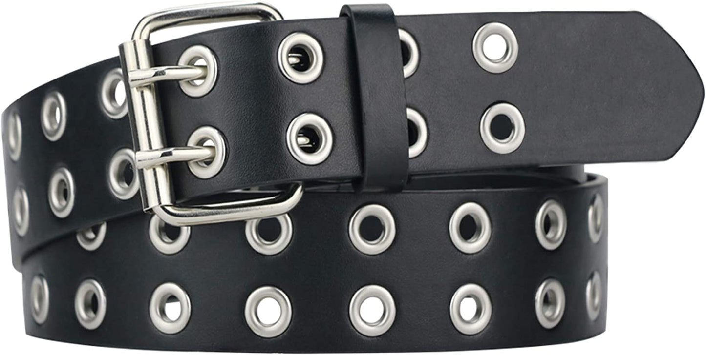 Grommet Leather Belts for Women, Black Belt Women Men with Double Studded Holes Apparel & Accessories > Clothing Accessories > Belts macoking Black-double Holes Fit for waist up to 45" 