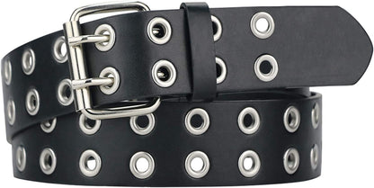 Grommet Leather Belts for Women, Black Belt Women Men with Double Studded Holes Apparel & Accessories > Clothing Accessories > Belts macoking Black-double Holes Fit for waist up to 45" 