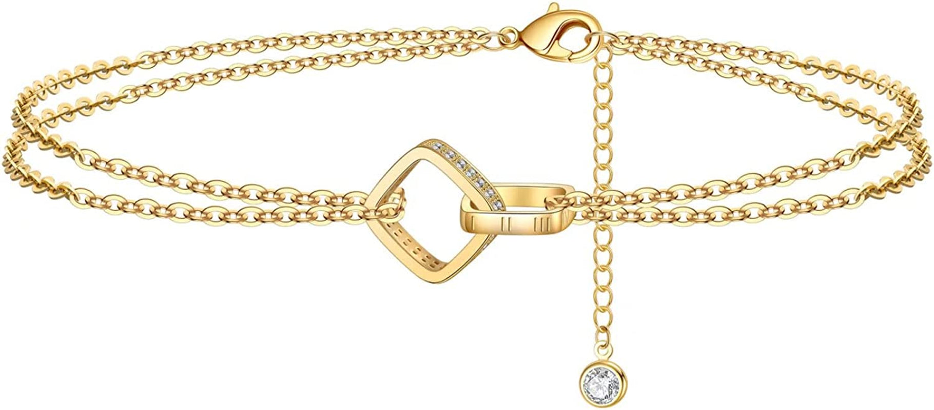 Dainty Ankle Bracelets for Women Girls, 14K Gold Filled Handmade Anklet Tiny Lock Key Star Lightning Crescent Elephant Evil Eye Ankle Bracelets for Women Girls Summer Boho Beach Foot Jewelry Apparel & Accessories > Jewelry > Anklets Yoosteel Layered Squares  