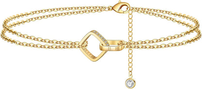 Dainty Ankle Bracelets for Women Girls, 14K Gold Filled Handmade Anklet Tiny Lock Key Star Lightning Crescent Elephant Evil Eye Ankle Bracelets for Women Girls Summer Boho Beach Foot Jewelry Apparel & Accessories > Jewelry > Anklets Yoosteel Layered Squares  