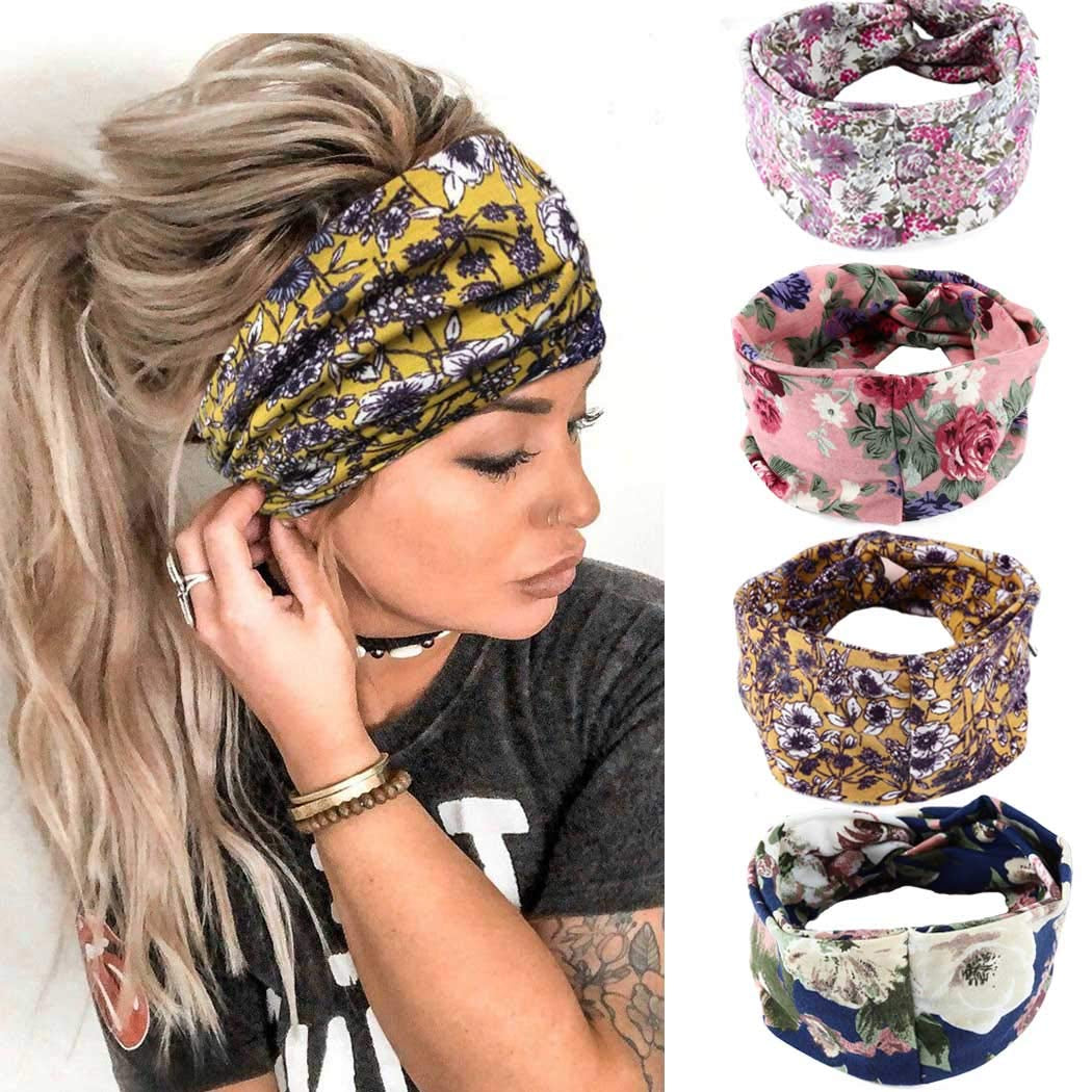 Gortin Boho Headbands Criss Cross Hair Bands Stretch Yoga Sweatband Turban Tie Dye Wide Head Wraps Twist Head Bands for Women and Girls4 Pcs (A-Tie Dye) Apparel & Accessories > Clothing Accessories > Bandanas & Headties GORTIN E-Floral 1  