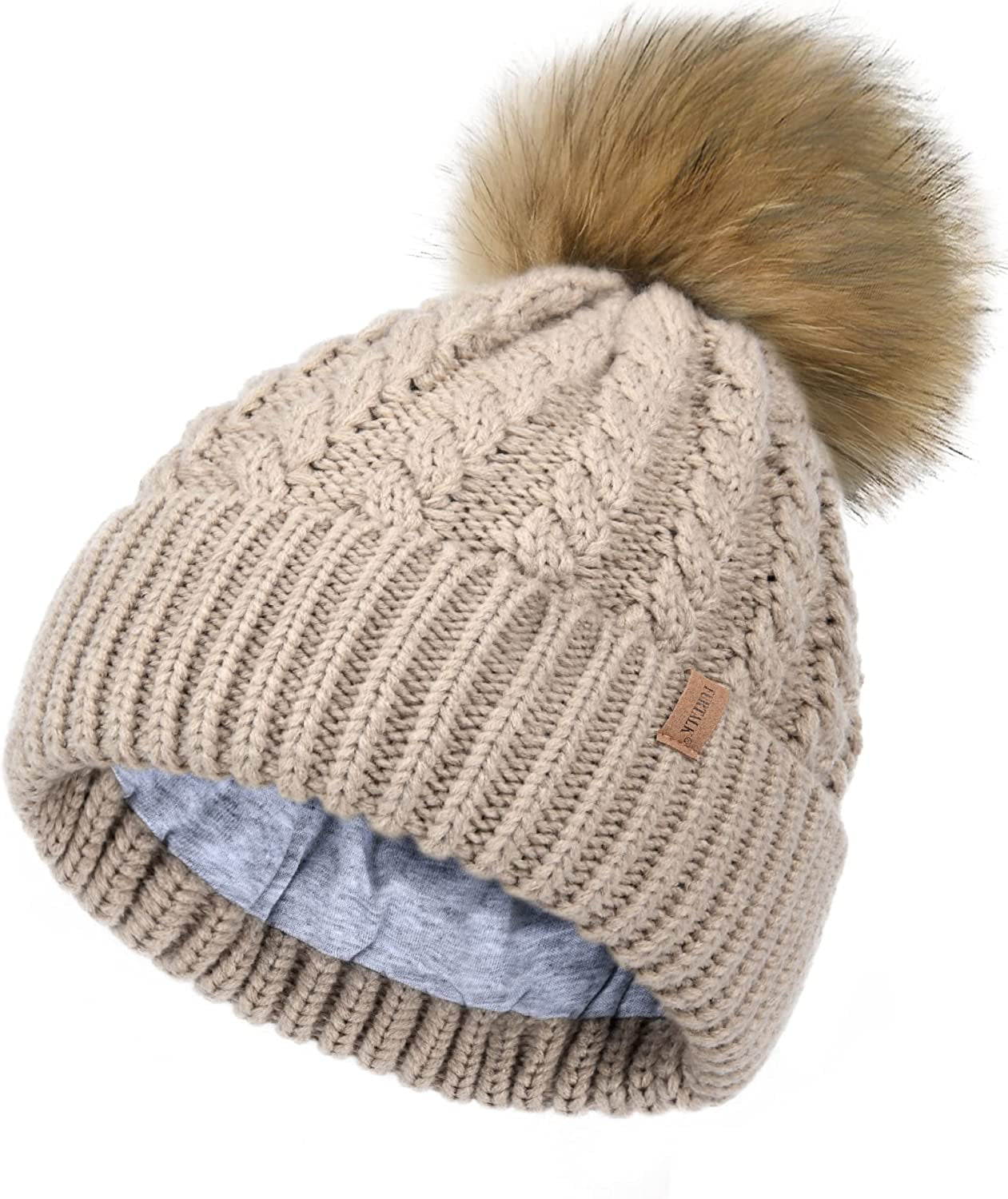 FURTALK Winter Beanie Hat for Women Cotton Lined Faux Fur Pom Pom Hats Womens Warm Thick Knit Skull Cap Apparel & Accessories > Clothing Accessories > Hats KYLIE MAX 10 Khaki One Size 