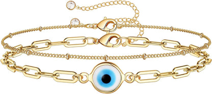 Dainty Gold Bracelets for Women, 14K Gold Filled Adjustable Layered Bracelet Cute Evil Eye Oval Chain Pearl Bar Turtle Gold Bracelets for Women Jewelry Apparel & Accessories > Jewelry > Bracelets Turandoss Chain&Evil Eye  
