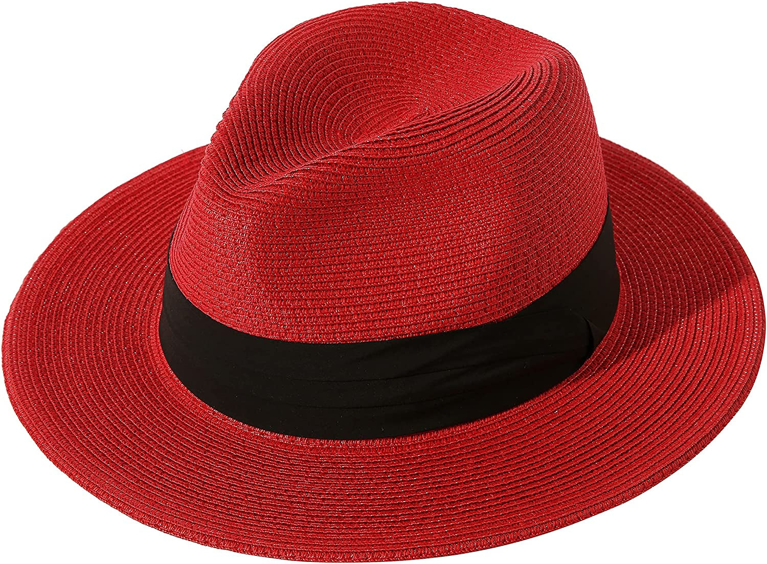 Lanzom Women Wide Brim Straw Panama Roll up Hat Belt Buckle Fedora Beach Sun Hat UPF50+ Apparel & Accessories > Clothing Accessories > Hats Lanzom Red One Size 