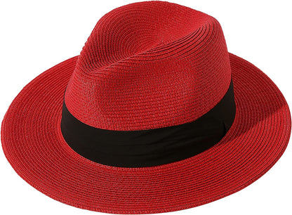Lanzom Women Wide Brim Straw Panama Roll up Hat Belt Buckle Fedora Beach Sun Hat UPF50+ Apparel & Accessories > Clothing Accessories > Hats Lanzom Red One Size 