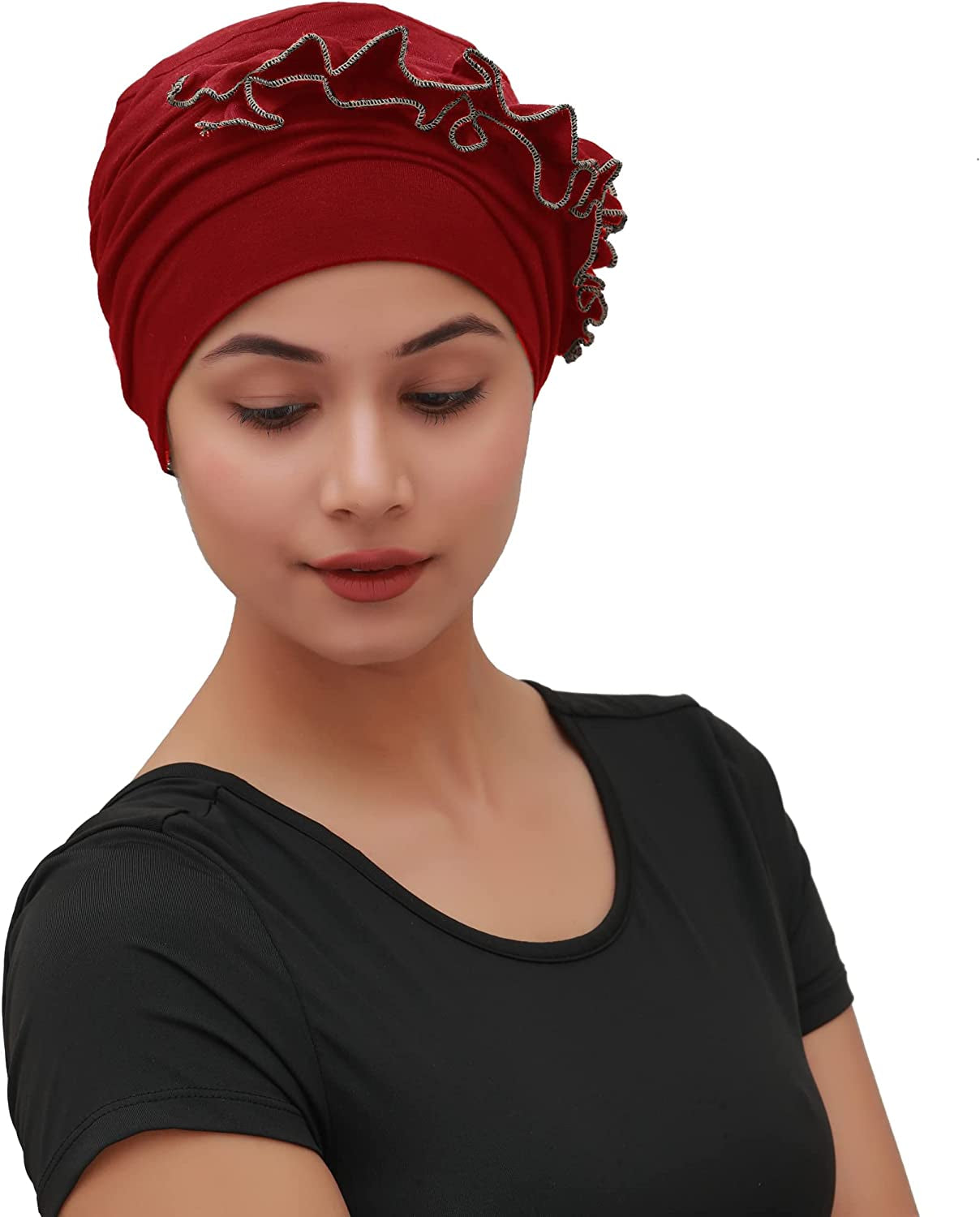 SAKUCHI Women Chemo 2 Piece Ruffle Cap & Band for Cancer Hair Loss Women Silky Soft Bamboo Headwear (2 Piece) Apparel & Accessories > Clothing Accessories > Headwear SAKUCHI Red Rose  