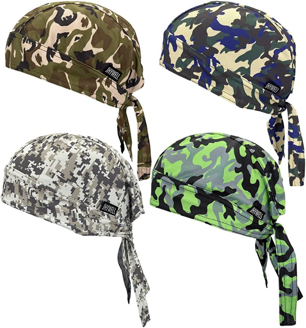 Sweat Wicking Doo Rag Cooling Dew Rag Helmet Liner Hat Large Motorcycle Head Wrap Bandana Skull Caps for Men and Women Apparel & Accessories > Clothing Accessories > Bandanas & Headties JHYWELL Camo 4 Pack  