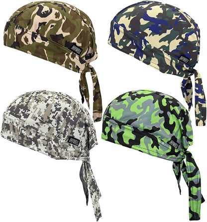Sweat Wicking Doo Rag Cooling Dew Rag Helmet Liner Hat Large Motorcycle Head Wrap Bandana Skull Caps for Men and Women Apparel & Accessories > Clothing Accessories > Bandanas & Headties JHYWELL Camo 4 Pack  