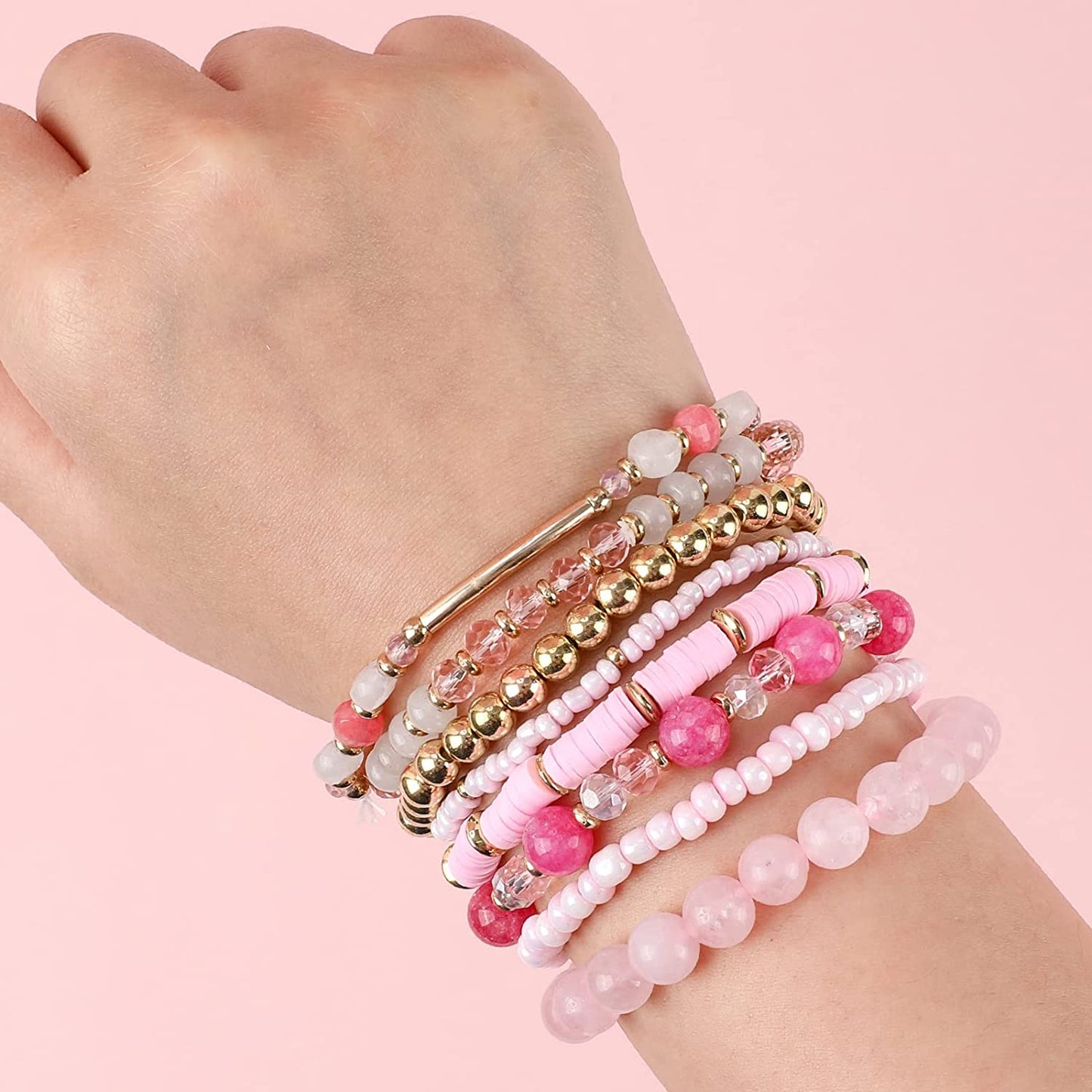 Bohemian Multi-Layer Beaded Stacking Pink Bracelets, 8 Pcs Versatile Strand Stretch Sparkly Crystal Beads Wrap Slip-On Cuff Bangle Set Apparel & Accessories > Jewelry > Bracelets IDEAJOY   