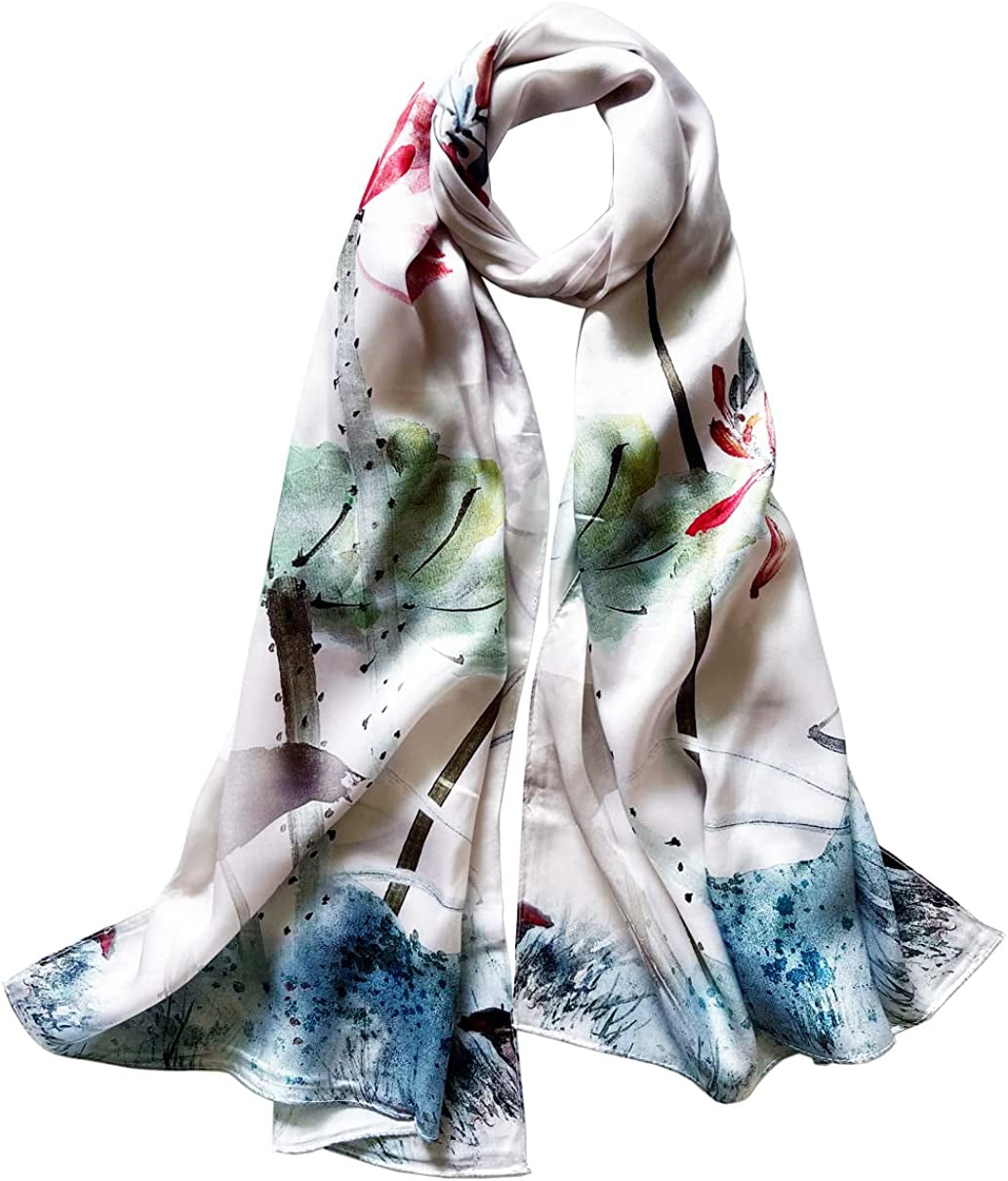 Women'S Mulberry Silk Scarf Floral Print Satin Long Scarf Wrap Shawl Apparel & Accessories > Clothing Accessories > Scarves & Shawls Smi&Love Hynh05  