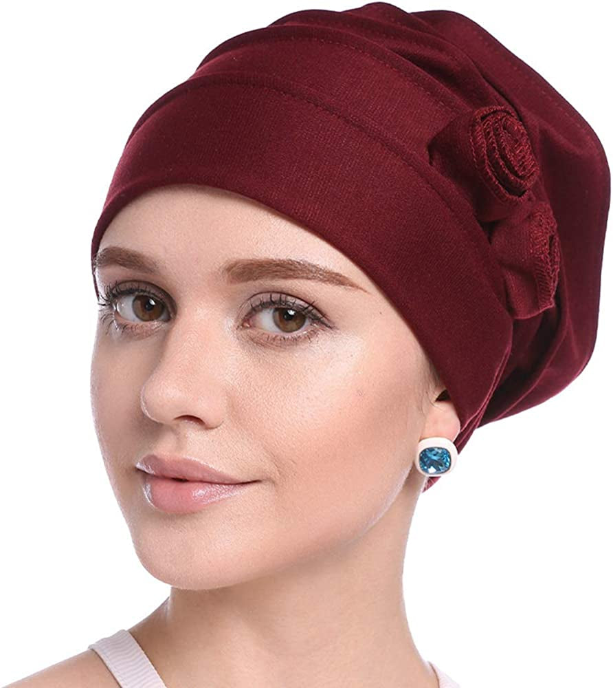 DOCILA Plain Floral Decoration Chemo Beanie for Women Soft Sleep Snood Cap Breathable Hair Loss Muslin Turban Hat Apparel & Accessories > Clothing Accessories > Headwear DOCILA Red  