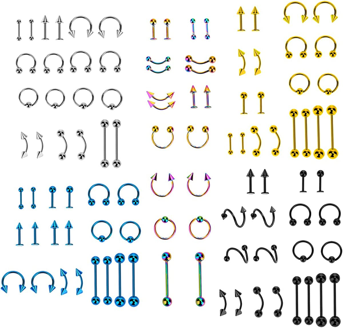 IPINK Piercing Kit 14G-16G Rainbow Surgical Steel Body Piercing Belly Button,Tongue, Eyebrow, Nipple, Lip, Nose, Chi Gauge Apparel & Accessories > Jewelry > Body Jewelry IPINK 100 Pieces Mixed-5 Color  