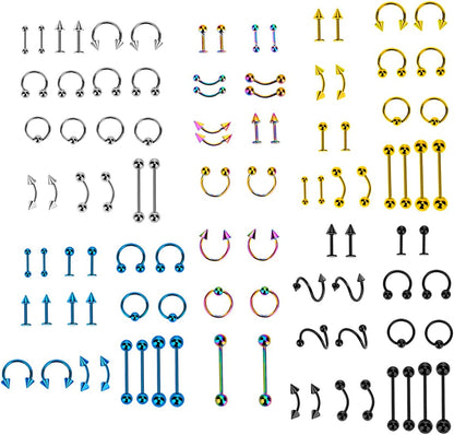 IPINK Piercing Kit 14G-16G Rainbow Surgical Steel Body Piercing Belly Button,Tongue, Eyebrow, Nipple, Lip, Nose, Chi Gauge Apparel & Accessories > Jewelry > Body Jewelry IPINK 100 Pieces Mixed-5 Color  