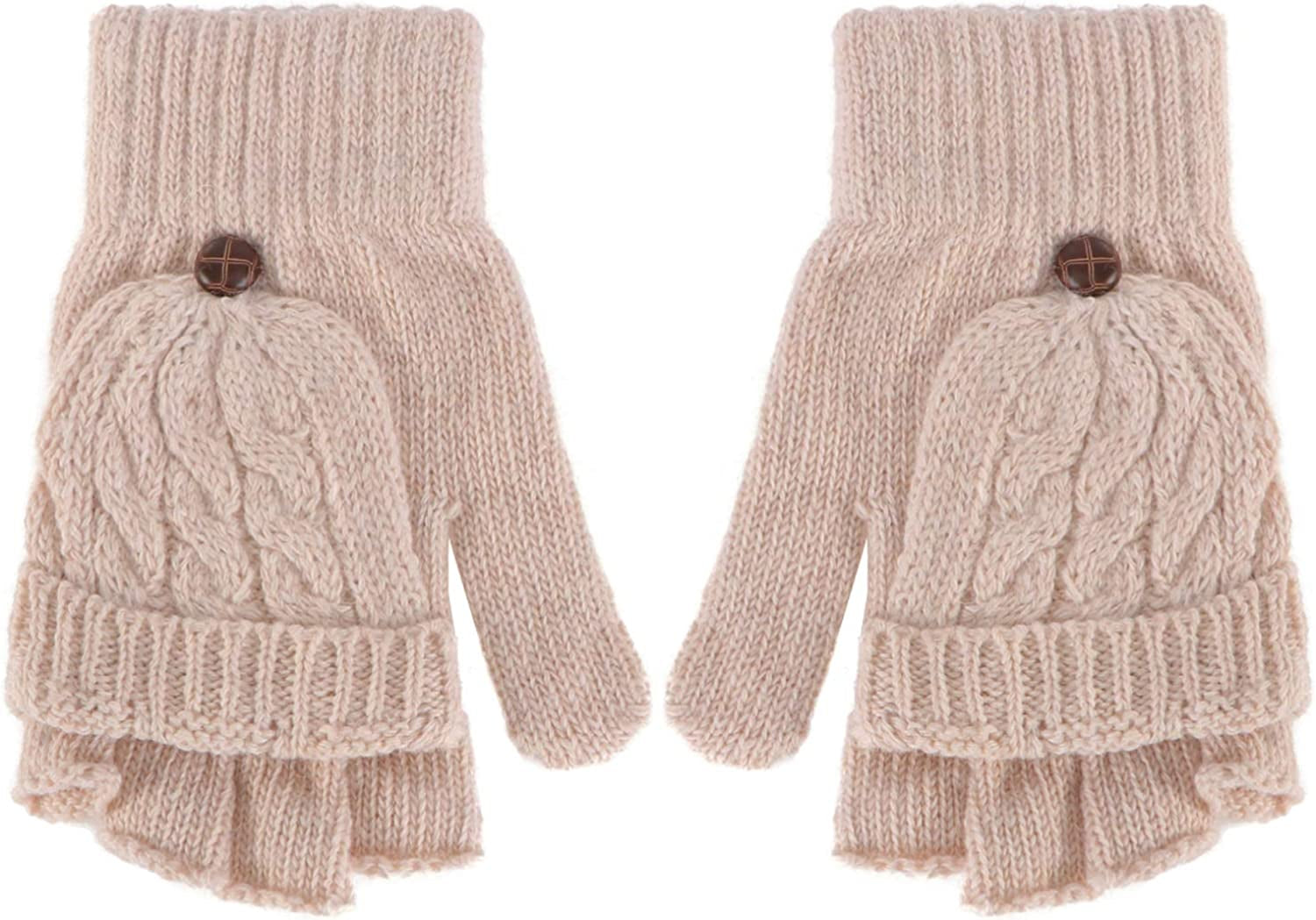 UEETEK Women Winter Warm Wool Knitted Convertible Fingerless Gloves with Mitten Cover (Brown) Apparel & Accessories > Clothing Accessories > Gloves & Mittens UEETEK Beige  