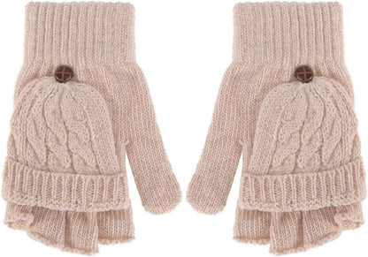 UEETEK Women Winter Warm Wool Knitted Convertible Fingerless Gloves with Mitten Cover (Brown) Apparel & Accessories > Clothing Accessories > Gloves & Mittens UEETEK Beige  