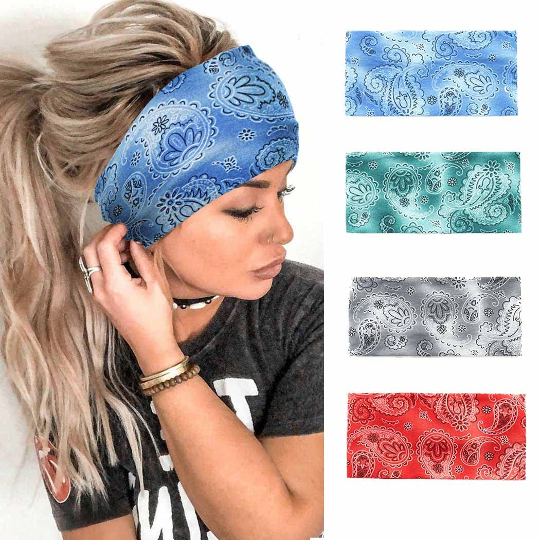 Urieo Boho Headbands Stretch Paisley Print Bandana Headband Criss Cross Hair Bands Knotted Head Wrap Yoga Daily for Women and Girls (Pack of 4) (A) Apparel & Accessories > Clothing Accessories > Bandanas & Headties Urieo F  