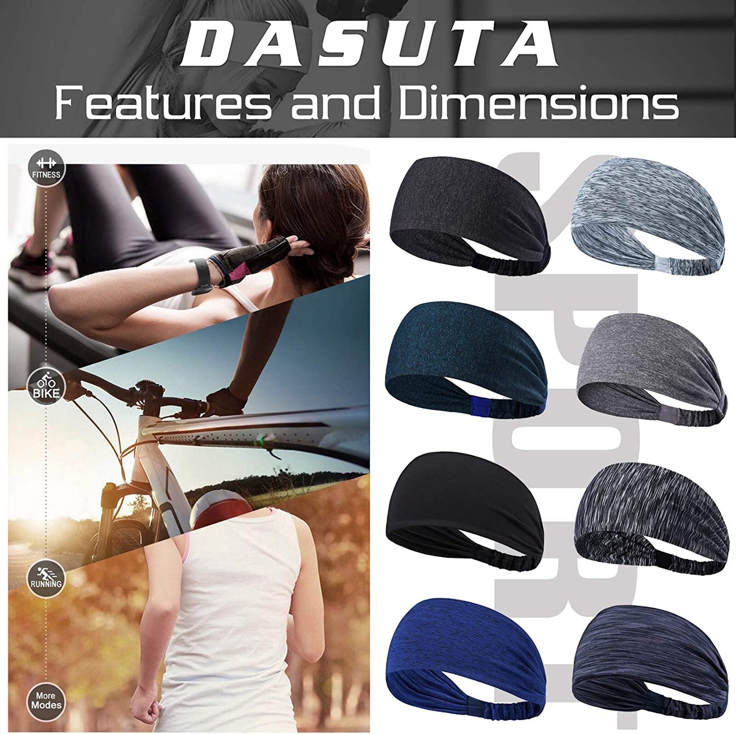 DASUTA 8 PCS Women'S Workout Headbands Yoga Sport Sweatbands Fitness Hairbands for Travel Athletic Elastic Moisture Wicking for Men and Women Apparel & Accessories > Clothing Accessories > Bandanas & Headties DASUTA   