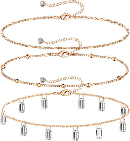 Gold Ankle Bracelets for Women 14K Gold Plated Anklet Silver Evil Eye Butterfly Star Rose Quartz Bead Box Paperclip Chain Dainty Layered Anklet Set 3Pcs Jewelry Gifts for Teen Girls Apparel & Accessories > Jewelry > Anklets Budding Gallery N-Rose Gold-CZ  