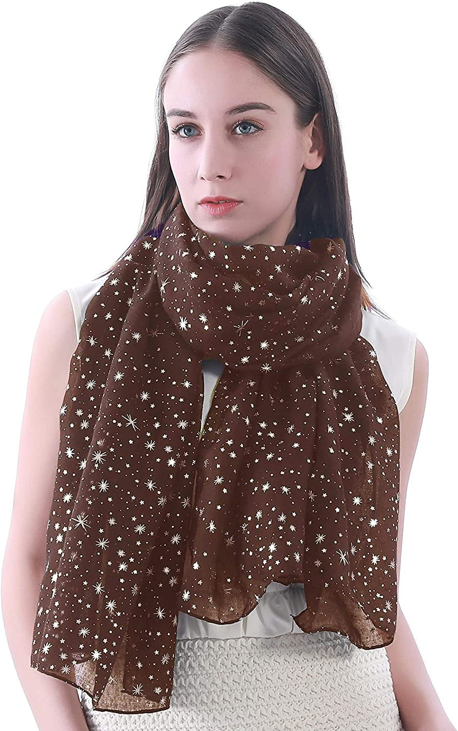 Lina & Lily Silver Gold Glitters Shimmer Foil Stars Women Scarf Shawl Wrap Apparel & Accessories > Clothing Accessories > Scarves & Shawls Lina & Lily Brown (Silver Stars)  