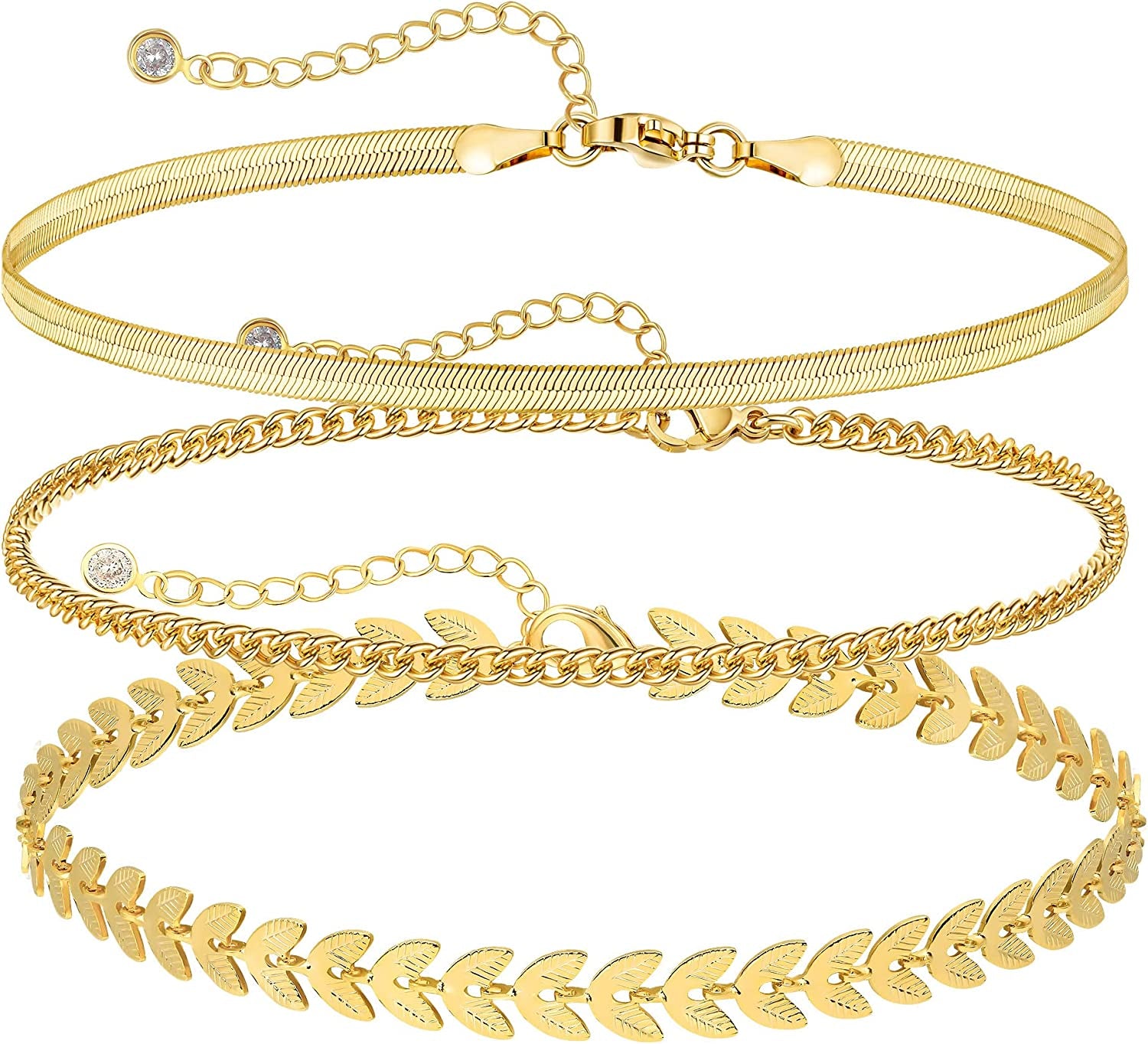 Tewiky Ankle Bracelets for Women, 14K Gold Anklets Layered Gold Herringbone Figaro Tennis Cuban Link Anklet for Women Boho 3PCS Gold Anklet Set Summer Beach Foot Jewelry Gifts for Her Apparel & Accessories > Jewelry > Anklets ANK-02 3pcs Set-A  