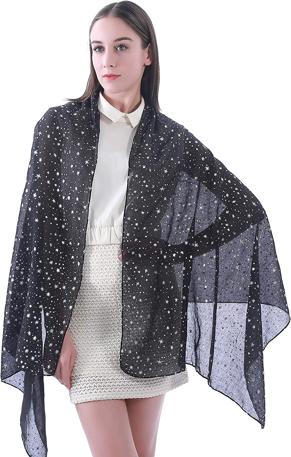 Lina & Lily Silver Gold Glitters Shimmer Foil Stars Women Scarf Shawl Wrap Apparel & Accessories > Clothing Accessories > Scarves & Shawls Lina & Lily   