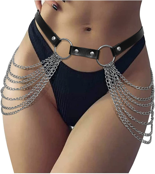 Punk Waist Chain Belt Leather Body Belly Chain Rave Festival Sexy Gothic Jewelry Accessories for Women Girls Apparel & Accessories > Jewelry > Body Jewelry WHIPPY 1-black 100cm 