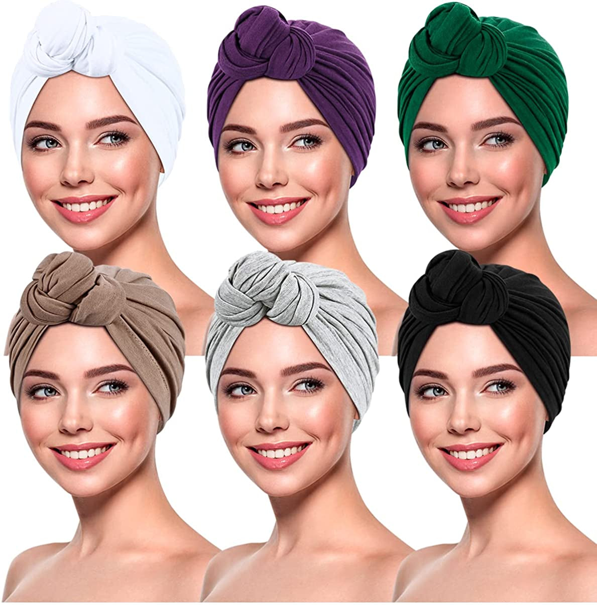 Women Turbans and Head Wraps,Skull-Caps,African Turban Flower Knot Pre-Tied Bonnet Beanie Cap for Women Apparel & Accessories > Clothing Accessories > Headwear DANMY A-purple/Green/White/Gray/Black/Khaki-6pcs Large 