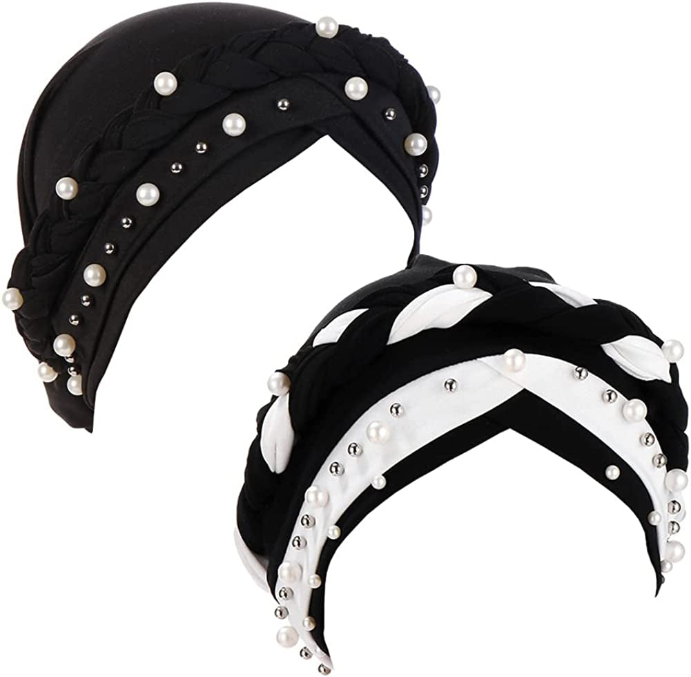 Fxhixiy Women Hijab Beading Pearl Braid Turban Hat Head Scarf Cancer Chemo Beanies Bandana Headwrap Cap Apparel & Accessories > Clothing Accessories > Headwear Fxhixiy Black Black/White  