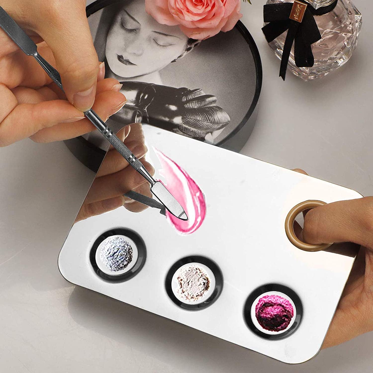 Kissdate Makeup Palette 6X4Inch Stainless Steel 3-Well Nail-Art Cosmetic Artist Mixing Palette with Spatula Tool for Mixing Foundation Silver Health & Beauty > Personal Care > Cosmetics > Cosmetic Tools > Makeup Tools KissDate   