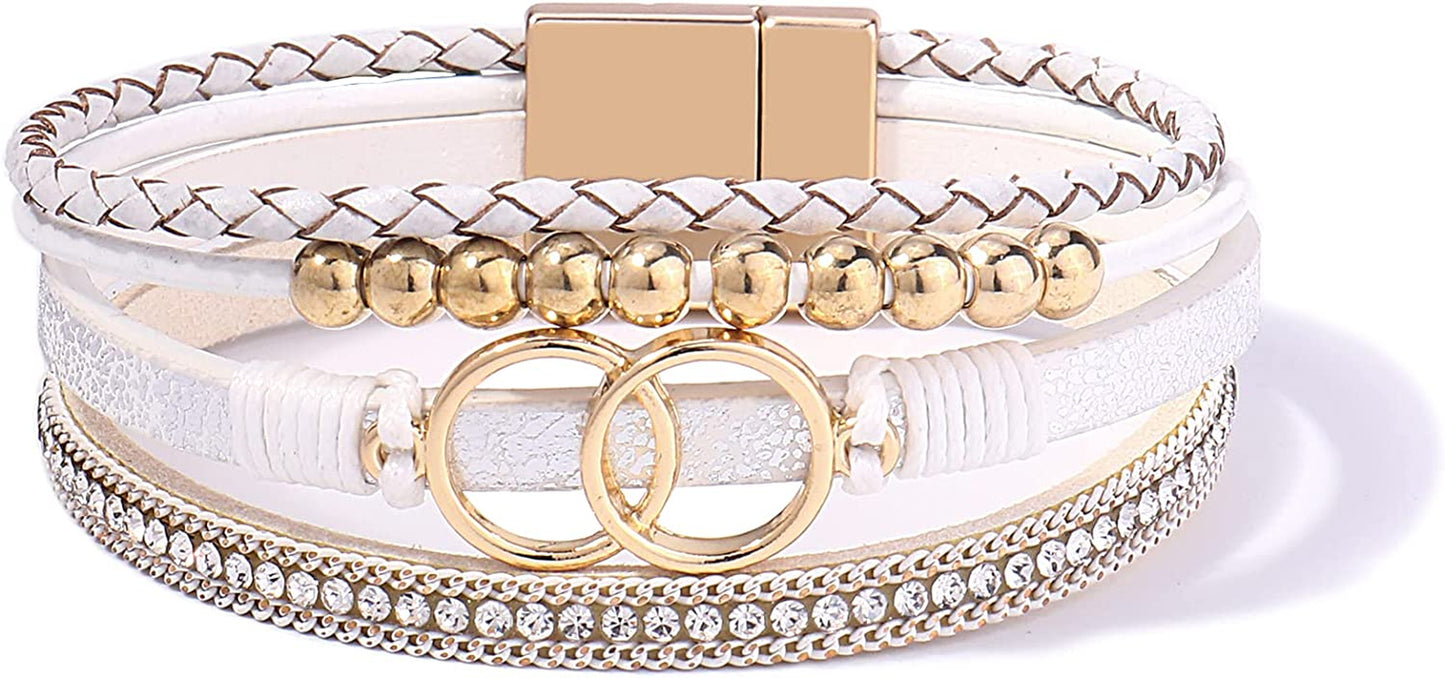 FANCY SHINY Boho Wrap Bracelets Leather Cuff Bangle Gold Beaded Bracelets for Women Stackable Infinity Bracelets Jewelry with Clasp Apparel & Accessories > Jewelry > Bracelets FANCY SHINY White  