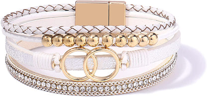 FANCY SHINY Boho Wrap Bracelets Leather Cuff Bangle Gold Beaded Bracelets for Women Stackable Infinity Bracelets Jewelry with Clasp Apparel & Accessories > Jewelry > Bracelets FANCY SHINY White  