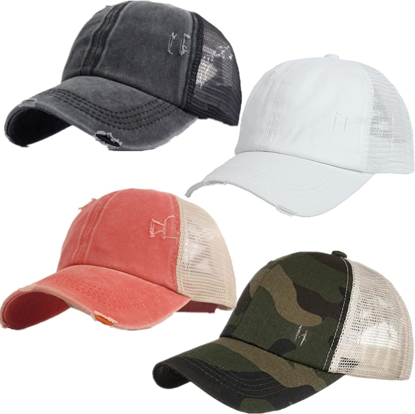 Criss Cross Ponytail Hat Washed Distressed Women Mesh Baseball Caps Messy Bun Ponycaps Apparel & Accessories > Clothing Accessories > Hats Didida A(black&white&coral&camouflage)  