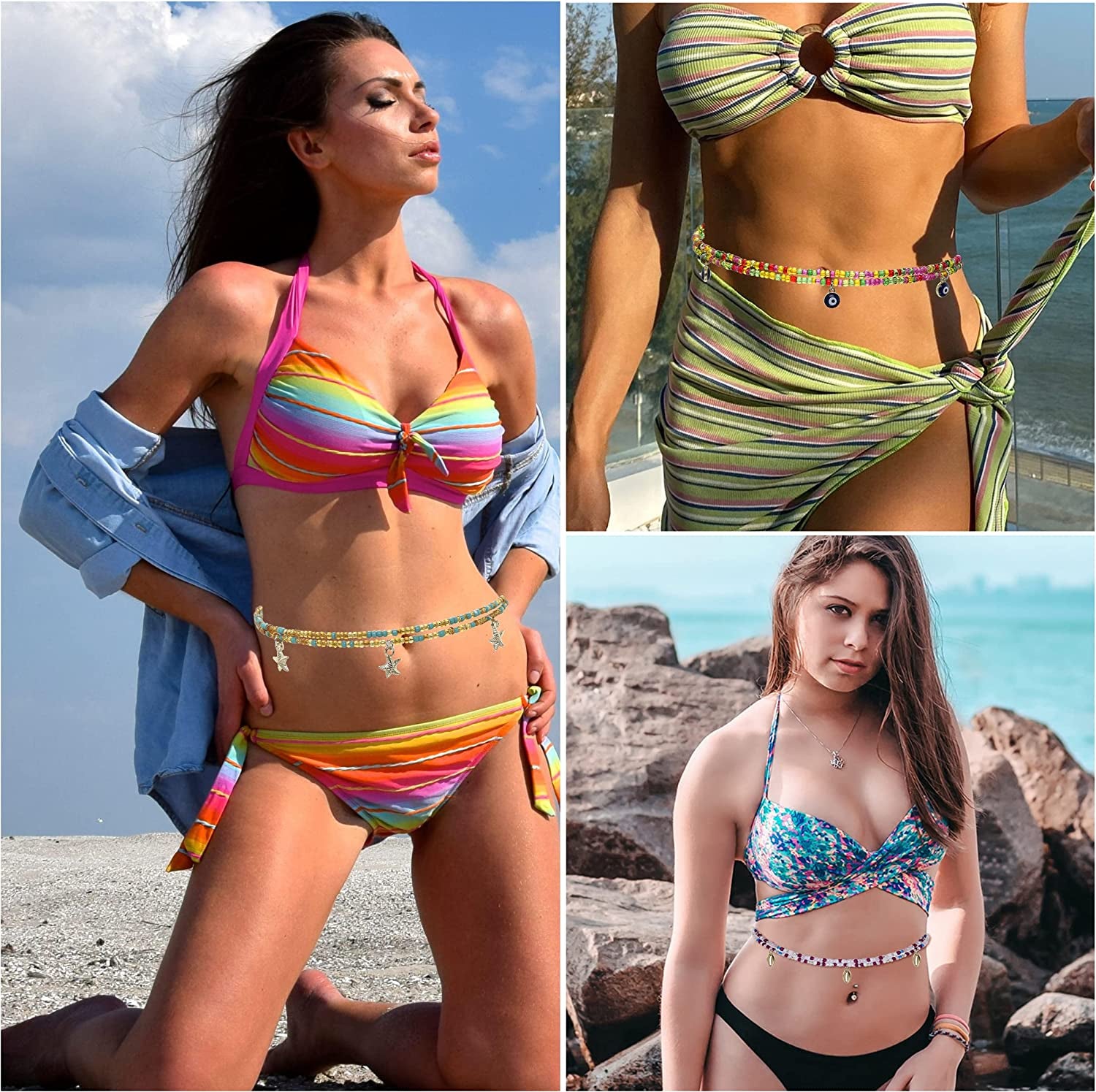 Taouzi 27.5-50Inch Waist Beads for Women plus Size Colorful Beaded Body Chain Elastic String Waist Chain Beach Bikini Belly Chains Sexy Body Jewelry for Women Girls 12Pcs Apparel & Accessories > Jewelry > Body Jewelry Taouzi   