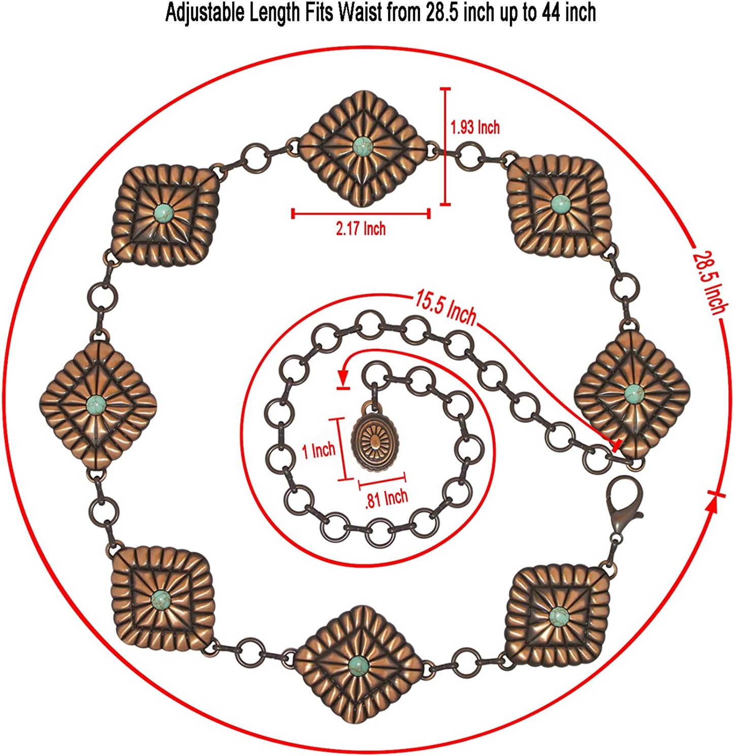 Turquoise Concho Chain Belt for Women, Western Metal Waist Chain for Ladies with Antique Copper Plating (Green Turquoise), 43.5 Inch Long Apparel & Accessories > Clothing Accessories > Belts Generic   