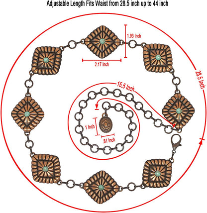 Turquoise Concho Chain Belt for Women, Western Metal Waist Chain for Ladies with Antique Copper Plating (Green Turquoise), 43.5 Inch Long Apparel & Accessories > Clothing Accessories > Belts Generic   