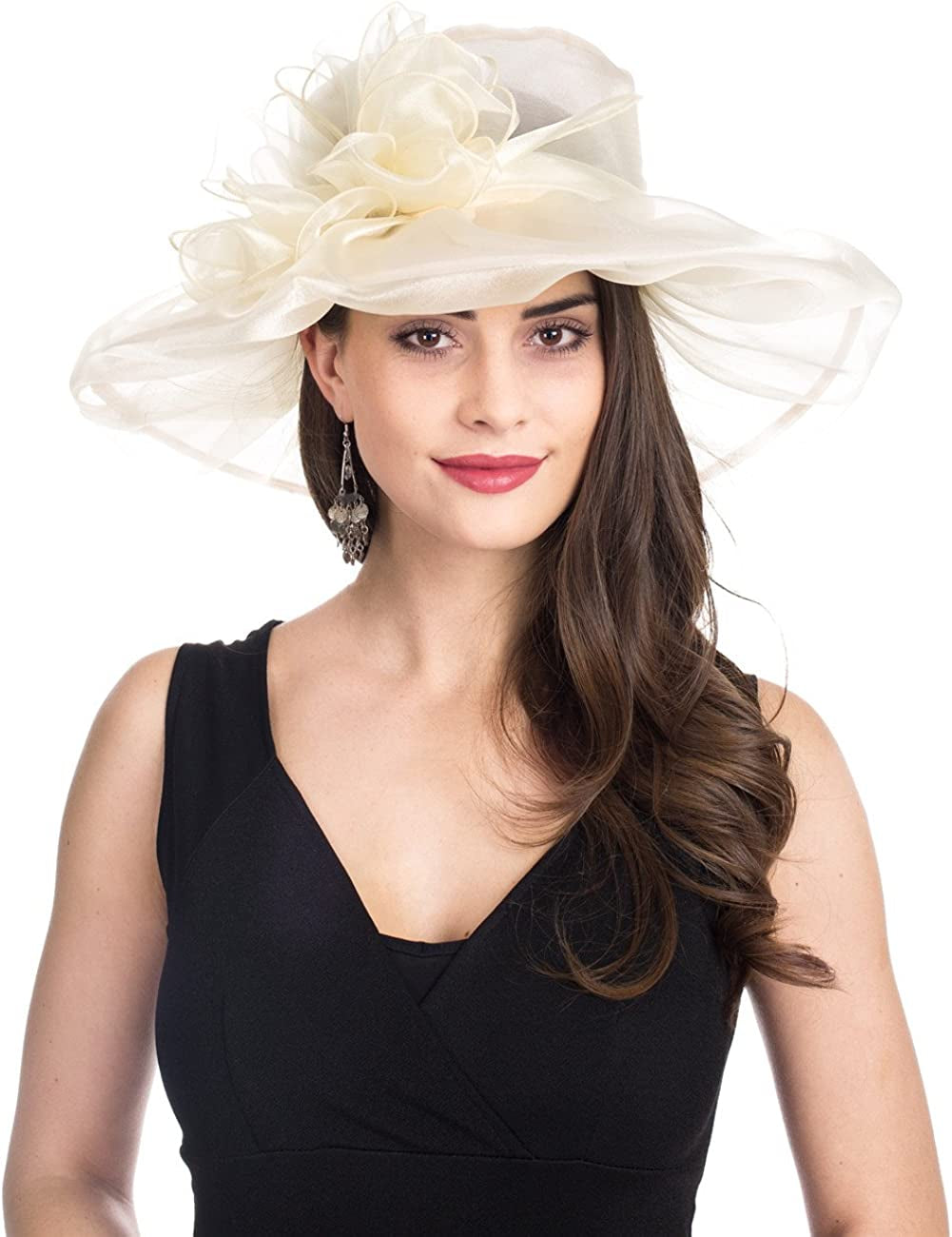 Lucky Leaf Women Kentucky Derby Church Cap Wide Brim Summer Sun Hat for Party Wedding Apparel & Accessories > Clothing Accessories > Headwear Lucky Leaf 1-beige With Bowknot  