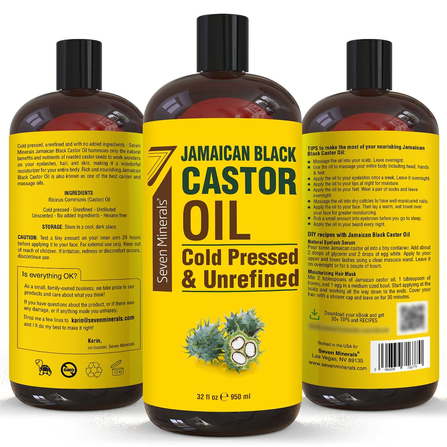 Pure Jamaican Black Castor Oil - Big 32 Fl Oz Bottle - Unrefined & Hexane Free - 100% Pure Jamaican Black Castor Oil for Hair Growth, Thicker Eyelashes & Eyebrows, Dry Skin, Healing, Hair Care Health & Beauty > Personal Care > Hair Care Seven Minerals   