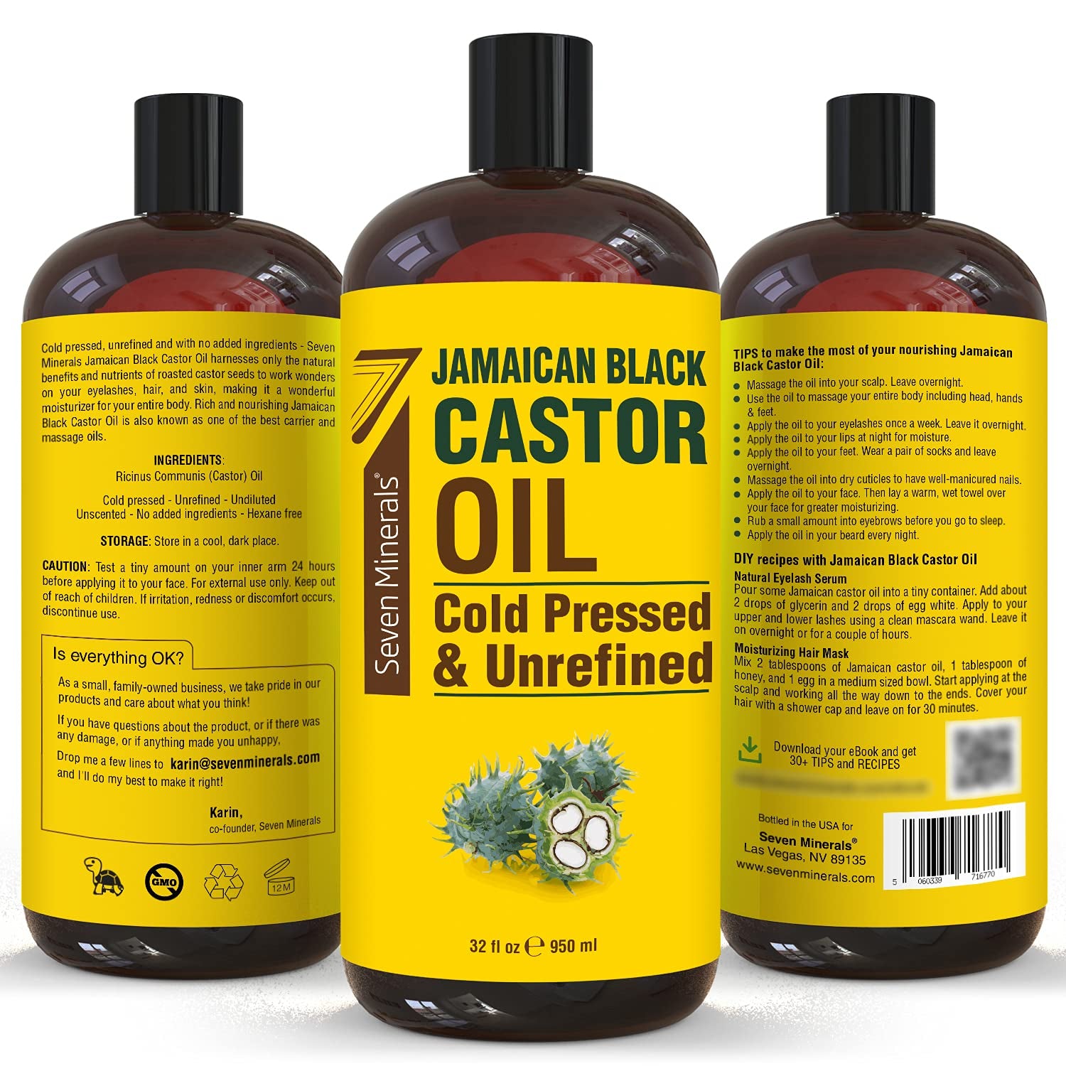 Pure Jamaican Black Castor Oil - Big 32 Fl Oz Bottle - Unrefined & Hexane Free - 100% Pure Jamaican Black Castor Oil for Hair Growth, Thicker Eyelashes & Eyebrows, Dry Skin, Healing, Hair Care Health & Beauty > Personal Care > Hair Care Seven Minerals   