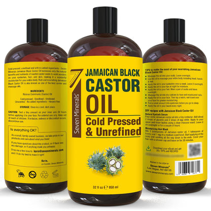 Pure Jamaican Black Castor Oil - Big 32 Fl Oz Bottle - Unrefined & Hexane Free - 100% Pure Jamaican Black Castor Oil for Hair Growth, Thicker Eyelashes & Eyebrows, Dry Skin, Healing, Hair Care Health & Beauty > Personal Care > Hair Care Seven Minerals   