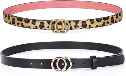 Double Ring Leather Belts for Women SANSTHS O-Style Gold Buckle Skinny Dress Belt 0.86 Inch Width for Jeans Pants Apparel & Accessories > Clothing Accessories > Belts SANSTHS I-black+leopard Fit Pants Size 27-32Inch 