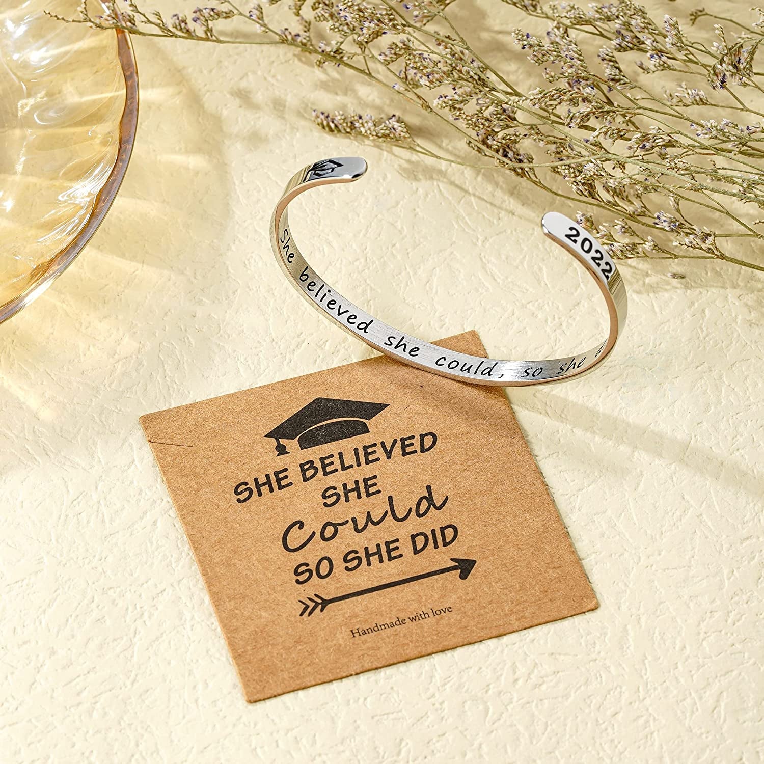 Inspirational Graduation Gifts Cuff Bracelet - Engraved Inspirational Bracelet Cuff with 2022 Graduation Grad Cap She Believed She Could so She Did Bracelet Graduation Friendship Gifts for Her 2022 Apparel & Accessories > Jewelry > Bracelets Turandoss   