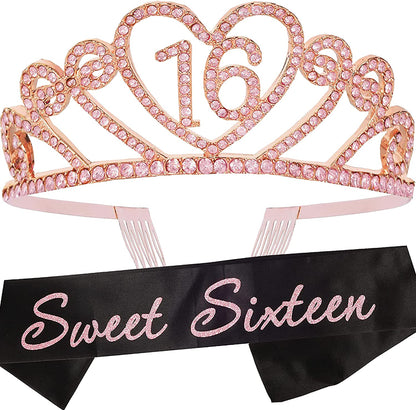 MEANT2TOBE 16Th Birthday Sash and Tiara for Girls - Fabulous Set: Glitter Sash + Basic Rhinestone Pink Premium Metal Tiara, 16Th Birthday Gifts for Sweet 16 Birthday Party Apparel & Accessories > Clothing Accessories > Sashes MEANT2TOBE Pink, Black  