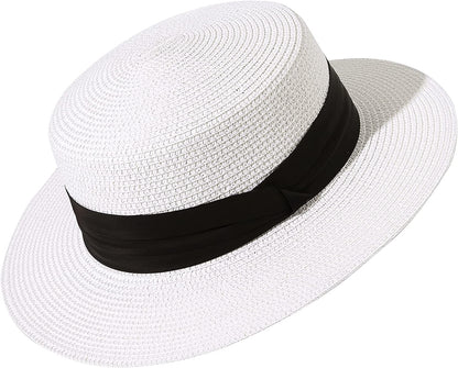 Lanzom Sun Hats for Women Wide Brim Straw Boater Hat Foldable Packable Beach Hat for Summer Apparel & Accessories > Clothing Accessories > Hats Lanzom White Medium 
